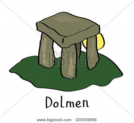 Dolmen And Sun On A White Background. Cartoon. Vector Illustration.