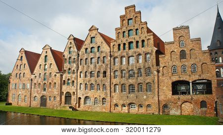 Lubeck, Germany - 07 26 2015 - Scenic View Of Salzspeicher Warehouses In Old Town, Beautiful Archite