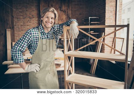 Portrait Of His He Nice Handsome Blond Cheerful Cheery Content Guy Woodworker Wearing Checked Shirt 