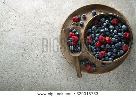 Berries Overhead Closeup Colorful Assorted Mix Of Blueberry And Raspberry