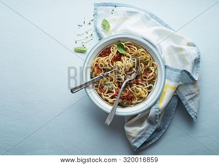 Tasty Appetizing Classic Italian Spaghetti Pasta With Tomato Sauce, Cheese Parmesan And Basil On Pla