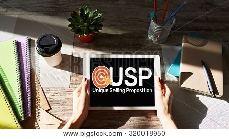 Usp - Unique Selling Propositions. Business And Finance Concept On Device Screen.