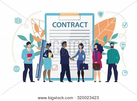 Poster Inscription On Document Contract Flat. Constant Access To Office Information. Men And Women S