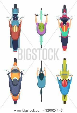 Bike Top View. Cycling People Motorcycles Traffic Motor Bike On Road Vector Cartoon Collection. Illu