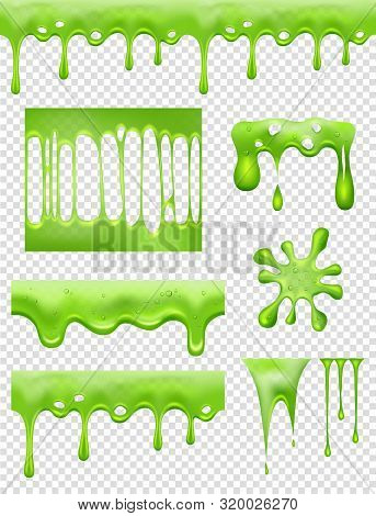 Slime. Green Glue Dipping And Flowing Liquid Drops And Toxic Splashes Vector Pictures. Slime Toxic, 