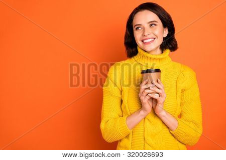 Copyspace Photo Of Kind Glad Nice Fascinaring Girl Drinking Coffee While Having Break Isolated With 