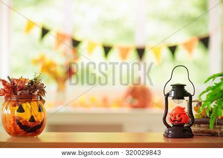 Halloween Decoration. Pumpkin Lantern. Autumn Leaf
