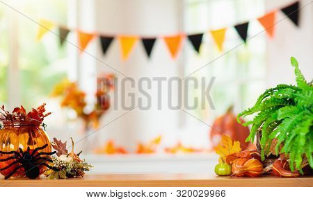 Halloween Decoration. Pumpkin Lantern. Autumn Leaf