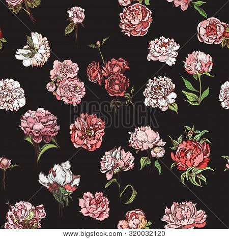 Vector Illustration Sketch - Card With Flowers Chrysanthemum, Peony. Pattern With Flowers. Dahlias, 