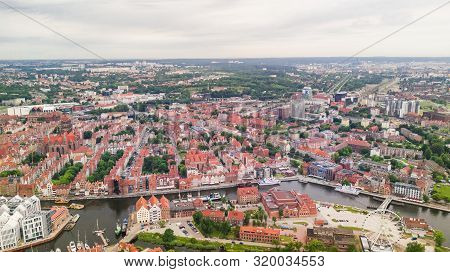 Gdansk, Poland. Aerial Skyline Panorama With Motlawa River, Modern Drawbridge, Concert Hall And All 