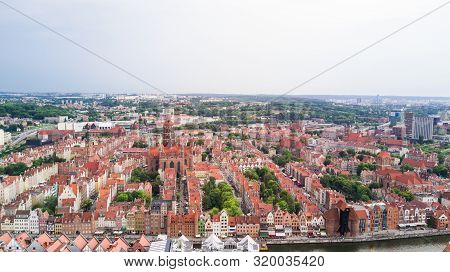 Aerial View Of Gdansk. Landscape Of Gdansk Old City With The Mot Awa River.