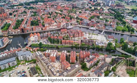 Gdansk, Poland. Aerial Skyline Panorama With Motlawa River, Modern Drawbridge, Concert Hall And All 
