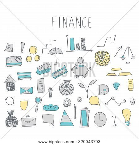 Set Of Finance Hand Drawn Elements Isolated On White Background. Business Concept With Symbols In Do
