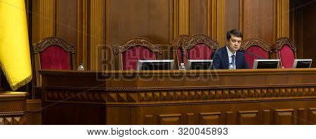 Kyiv, Ukraine - Aug. 29, 2019: Speaker Of The Verkhovna Rada Of Ukraine Dmytro Razumkov Uring The Se