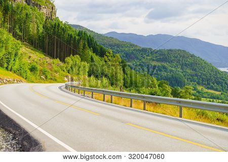 Road Running Through Summer Norwegian Mountains. Beautiful Landscape. National Tourist Ryfylke Route