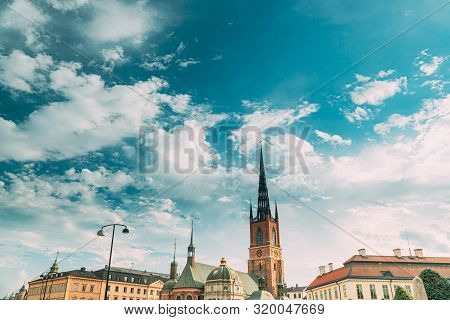 Stockholm, Sweden. View Of Old Town With Tower Of Riddarholm Church. Oldest Church In Gamla Stan, Th