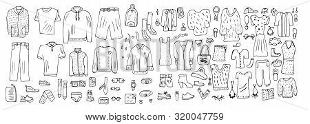Set Of Clothes In Doodle Style. Apparel Collection. Vector Illustration.