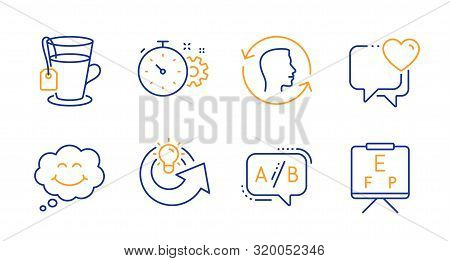 Tea, Cogwheel Timer And Smile Line Icons Set. Heart, Face Id And Share Idea Signs. Ab Testing, Visio