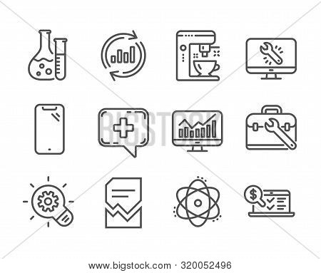 Set Of Technology Icons, Such As Monitor Repair, Statistics, Tool Case, Chemistry Lab, Update Data, 