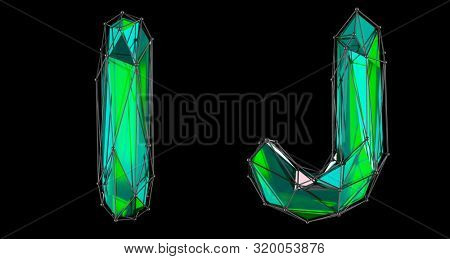 Realistic 3D letters set I, J made of low poly style. Collection symbols of low poly style green color glass isolated on black background 3d rendering