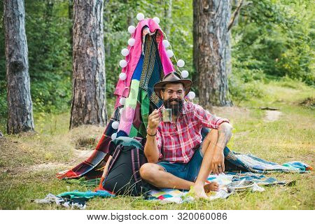 Handsome Bearded Man Having Fun In Adventure Park. Summer Camping On Nature. Summer Camp And Nature 