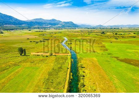 Beautiful Gacka River, Field Aerial Summer View, Lika Region Of Croatia