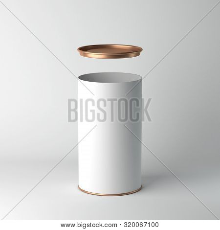White Cardboard Tin Can Packaging Mockup With Open Metal Copper Lid. Tea, Coffee, Dry Products, Gift