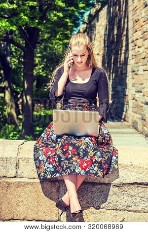 American College Student Studying In New York, Wearing Black Long Sleeve T Shirt, Patterned Skit, Hi
