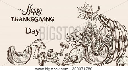 Happy Thanksgiving Dinner Menu Line Art Vector. Fall Havest Veggies Detailed Illustrations