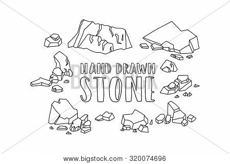 Advertising Poster Inscription Hand Drawn Stone. Groups Small And Large Stones. Cobblestones Differe