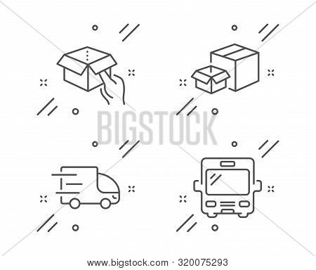Truck Delivery, Hold Box And Packing Boxes Line Icons Set. Bus Sign. Express Service, Delivery Parce