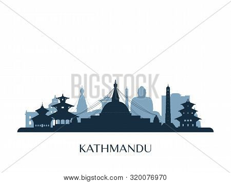 Kathmandu Skyline, Monochrome Silhouette. Design Vector Illustration.