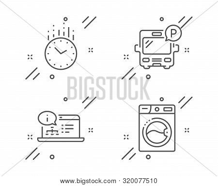 Online Documentation, Time And Bus Parking Line Icons Set. Washing Machine Sign. Web Engineering, Cl