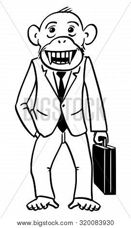 Cartoon Character Drawing Conceptual Illustration Of Monkey, Ape Or Chimpanzee Businessman In Suit A