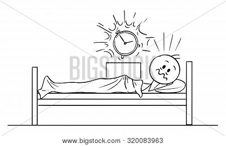 Cartoon Stick Figure Drawing Conceptual Illustration Of Tired Man Lying In Bed And Woken By Ringing 