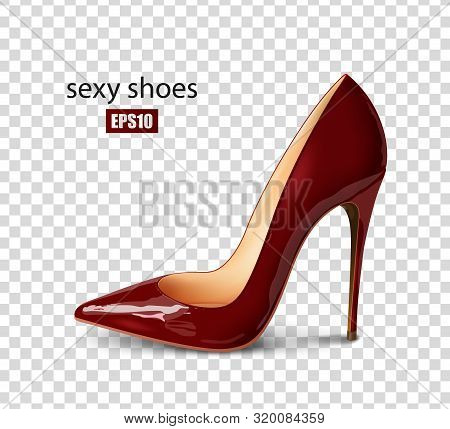 Beautiful Female Burgundy Pump On A Transparent Background, Sexy Shoes, Classic. High-heeled Shoes, 