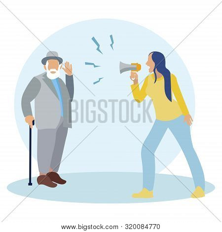 Woman Shouting Into A Megaphone. Deaf Man, Senior Citizen. In Minimalist Style. Cartoon Flat Vector