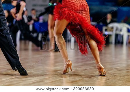 Feet Woman Dancer In Red Dress With Fringe Dancing