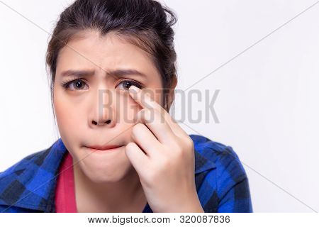 Beautiful Young Woman Get Allergic To Contact Lenses. Young Lady Gets Hurt, Painful, Unhappy. Pretty