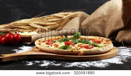 Vegetarian Italian Pizza With Tomatoes, Mozzarella Cheese  And Basil. Delicious Italian Pizza