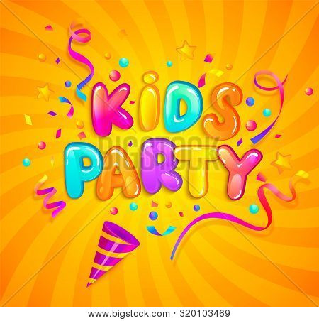 Kids Party Banner With Party Cracker, Confetti, Serpentine Sparkles On Sunburst Background In Cartoo