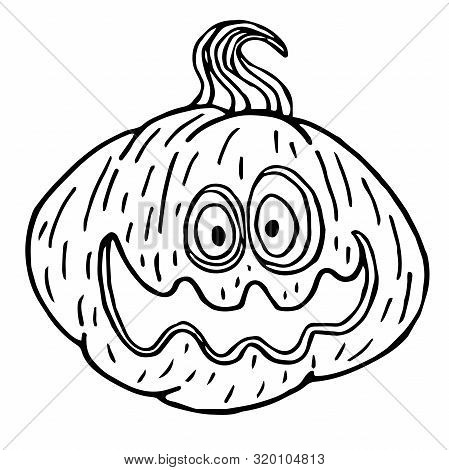 Halloween Pumpkin Sketch, Black Outline Isolated, Vector Illustration For Design And Decora