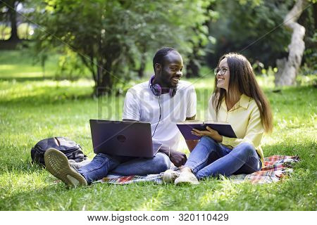 African-american Guy And Fellow Asian Female Student Studying On A Sunny Lawn
