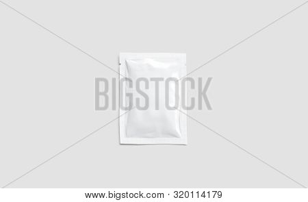 Blank White Sachet Packet Mockup, Isolated On Gray Background, 3d Rendering. Empty Disposable Shampo