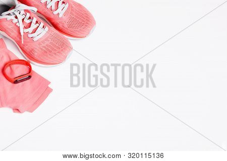 Fittnes Sport Composition With Pink Sneakers, Smart Bracelet On White Background.