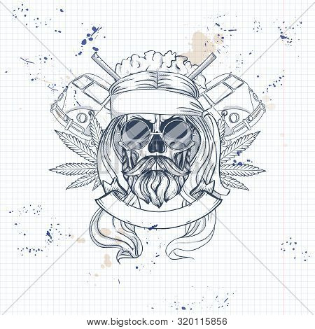 Hand Drawn Sketch, Hippei Skull With Sunglasses, Hippie Bus, Igarettes And Hemp Leaf. Poster, Flyer 