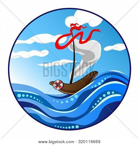 A Ship With White Sails And Red Ribbon Sailing Across The Sea.