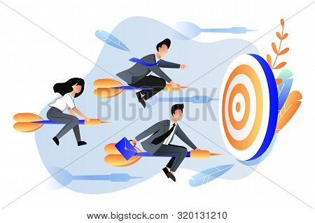 Business Goal Achievement Concept. Vector Flat Cartoon Illustration. Business People Fly On Darts Ar