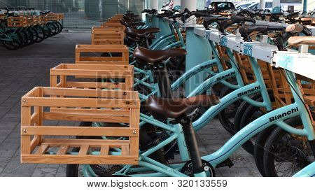 Bologna / Italy - August 30, 2019: Bianchi Tricycle Deposit In The Main Entrance Of Fico Eataly Park