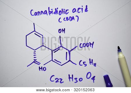 Cannabidiolic Acid - Cbda (c22,h30,o4) Molecule Written On The White Board. Structural Chemical Form